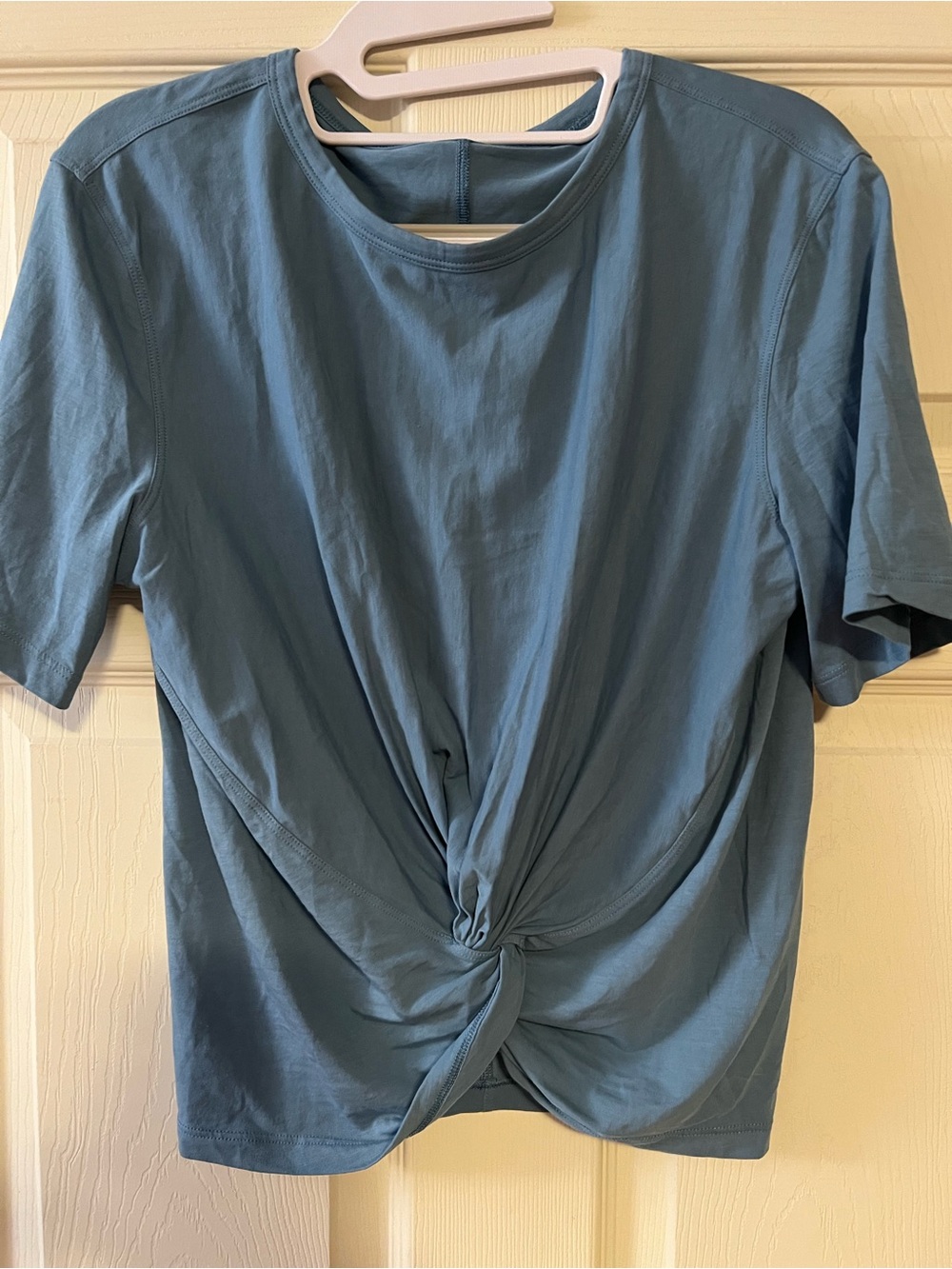 #214 Lululemon Twist Front Short Sleeve Yoga Training Top Blue Gry Size 8/10 EUC - Picture 1 of 3